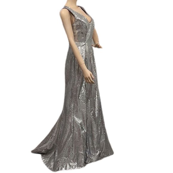 Sequin Sparkling Silver Metallic Formal Gown - Picture 3 of 16